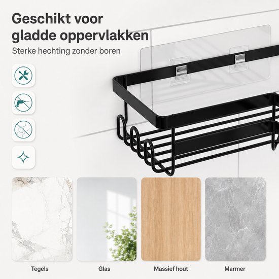 Zwarte douchehoekplank, geschikt voor tegels, glas, massief hout en marmer.
