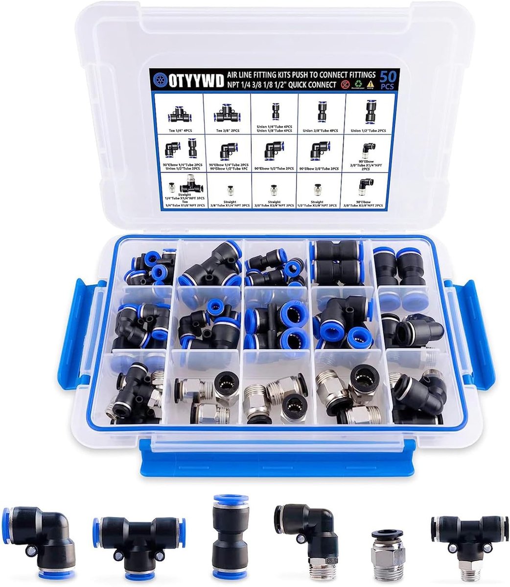 Pneumatische aansluitingen 50 stuks - Push-in koppelingen - Diverse maten 1/4", 1/8", 1/2", 3/8" - Voor lucht en water - ShopVlot