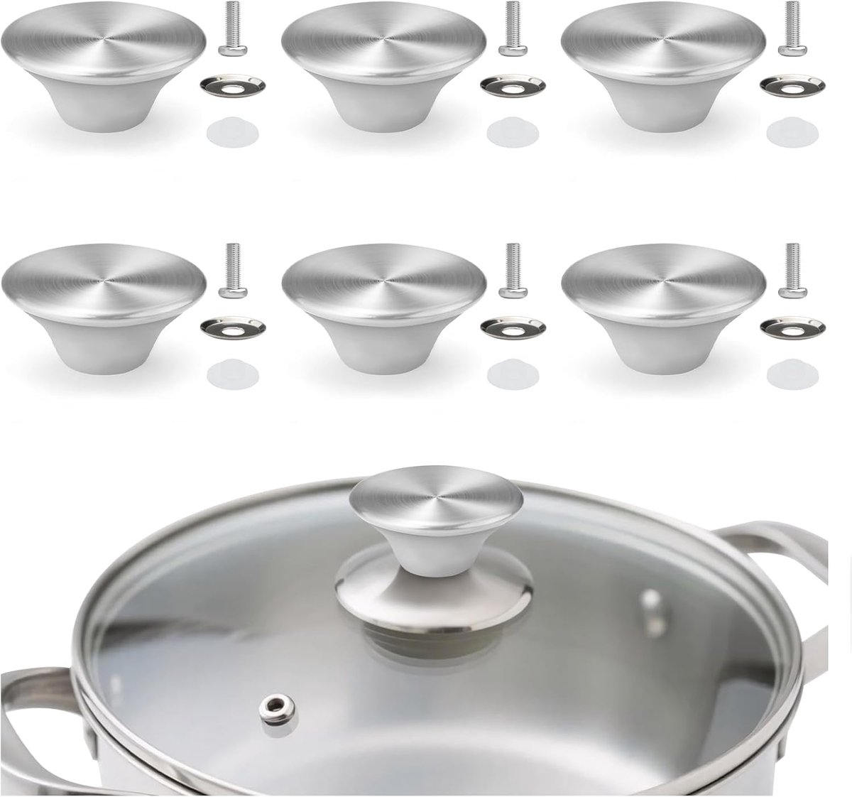 RVS pot deksel knop vervanging set - 6 stuks - universele metalen handvatten - eenvoudig te installeren - ShopVlot
