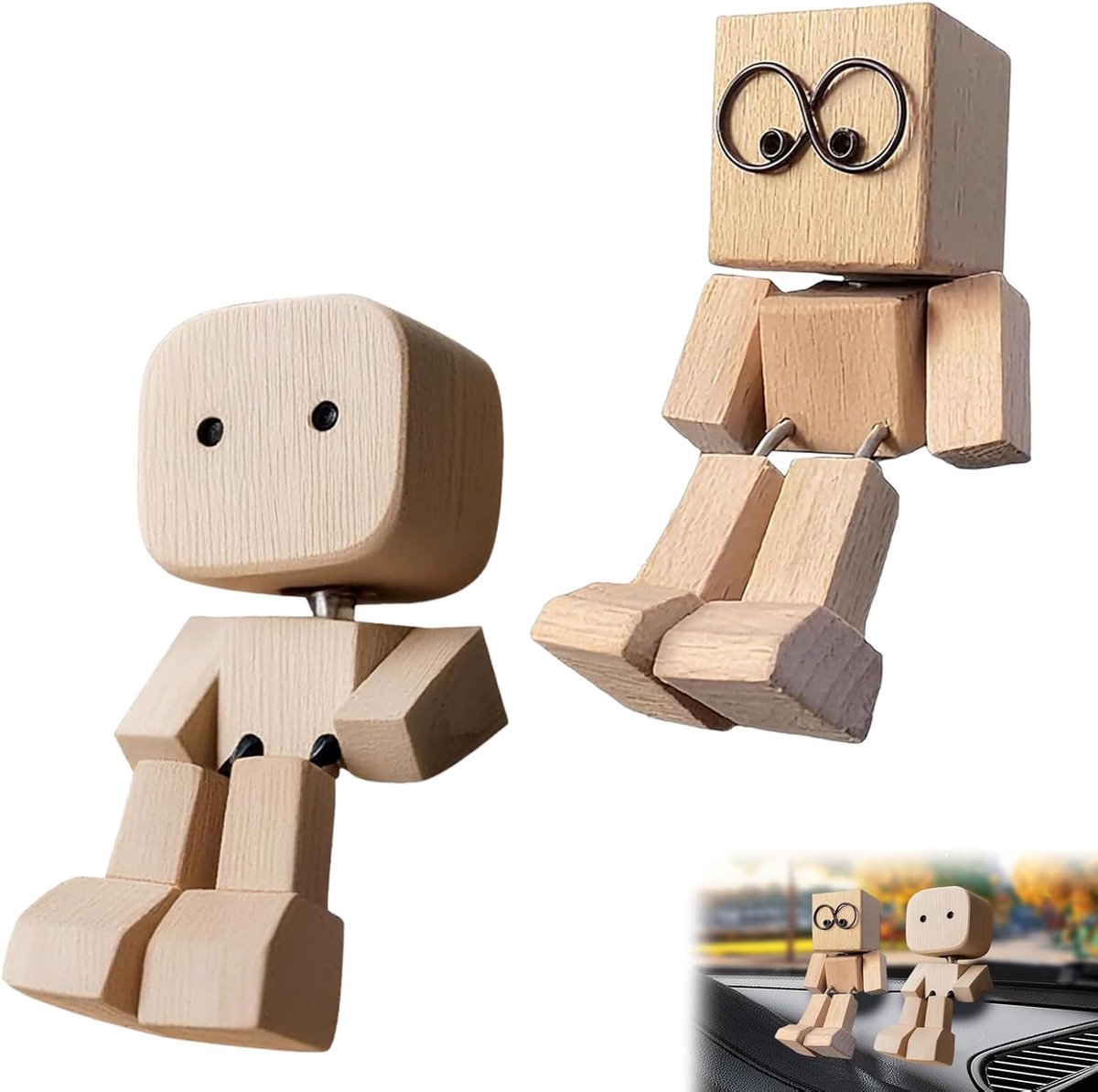 Wobbelende auto figuren 2-delig - Houten schüTtelmännchen - Handgemaakte decoratie - Verfraai je dashboard - ShopVlot