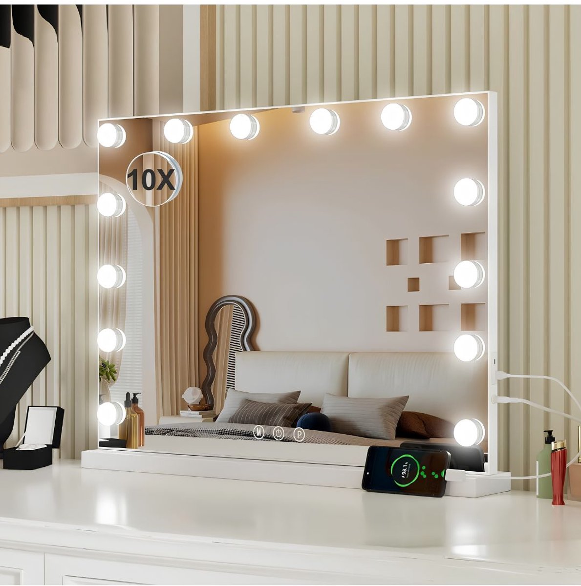 Lìon® Make up Spiegel - Make-up Spiegel met Verlichting - Hollywood Make-up Spiegel - Wit - 50cm x 12cm x 42cm