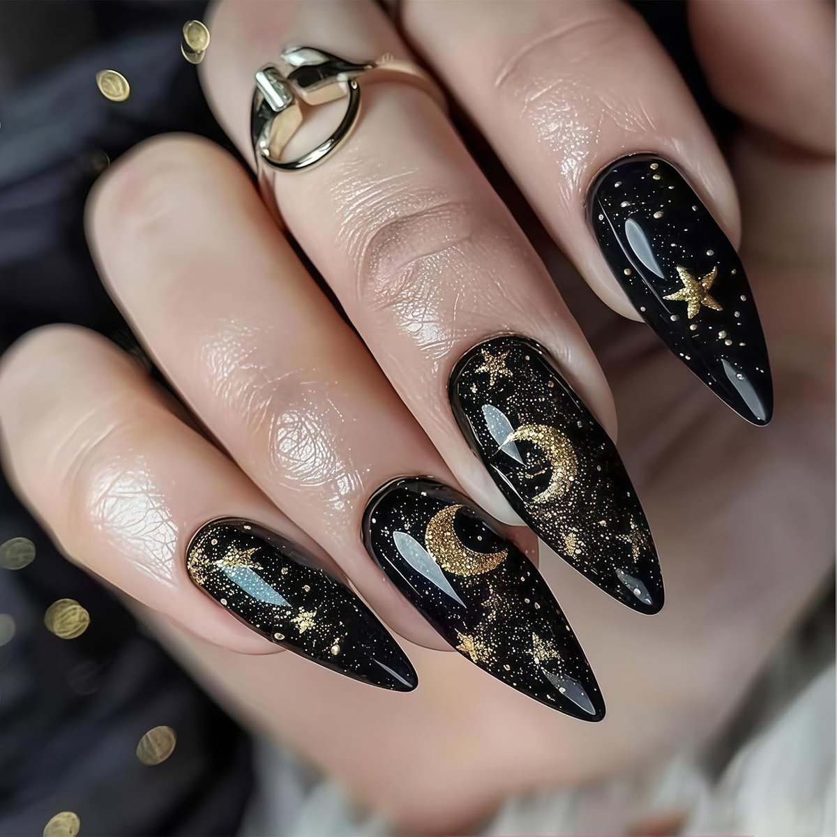 Druknagels middelgroot amandelvorm - Gyaru stijl gouden glitter sterrenhemel - Duurzaam en herbruikbaar - ShopVlot