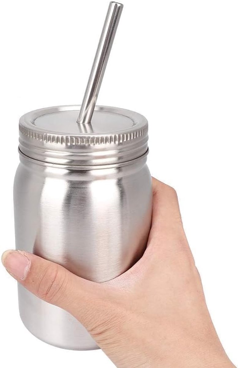 Tumbler met deksel en rietje - roestvrij staal - dubbelwandig geïsoleerd - ideaal voor buitengebruik - ShopVlot