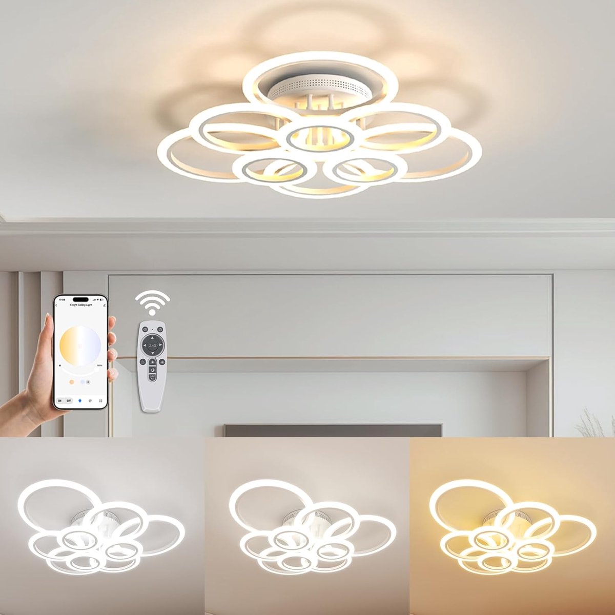 Plafondlamp LED 120W - 9 Ringen Aluminium Acryl - Dimbaar met Afstandsbediening - Moderne Verlichting voor Woonkamer - ShopVlot