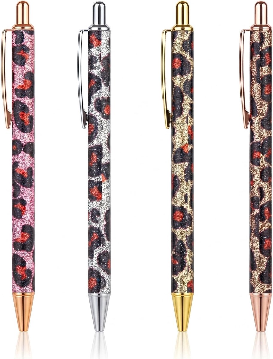 Set van 4 balpennen - metaal - roségoud, goud, zilver en roze - soepel schrijven - ShopVlot