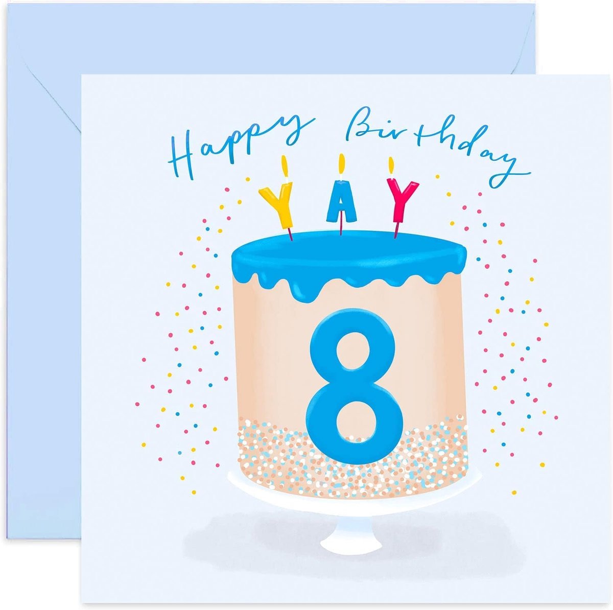 Verjaardagskaart 8e verjaardag - blauwe taart - voor jongen, zoon of kleinzoon - inclusief envelop - ShopVlot