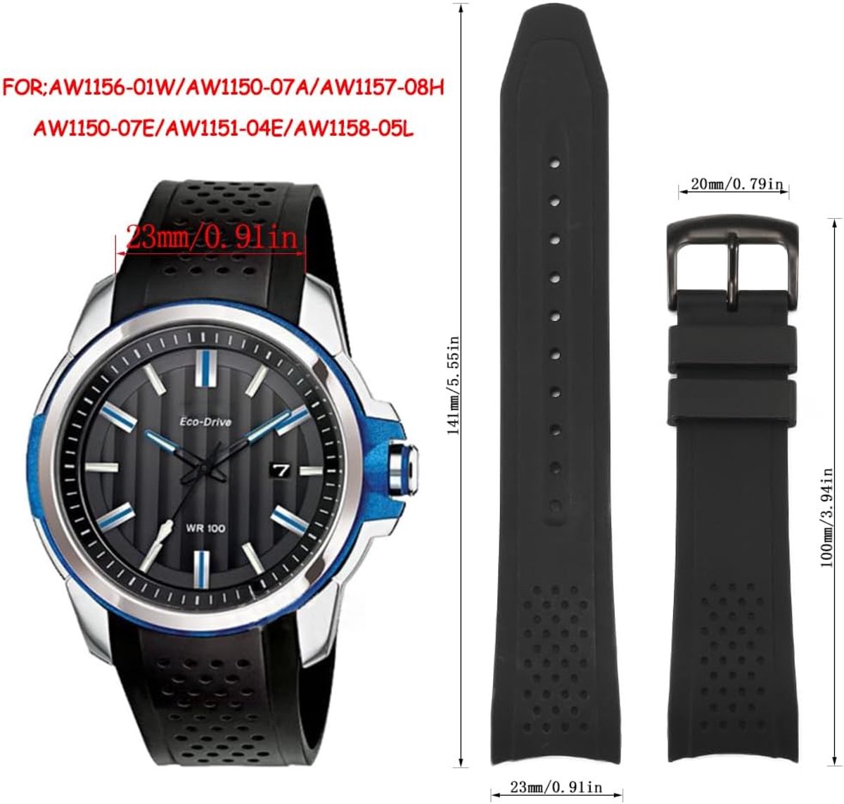 Rubberen horlogeband 23 mm - Zwart siliconen strap - Geschikt voor Citizen Eco-Drive - Comfortabel en duurzaam - ShopVlot