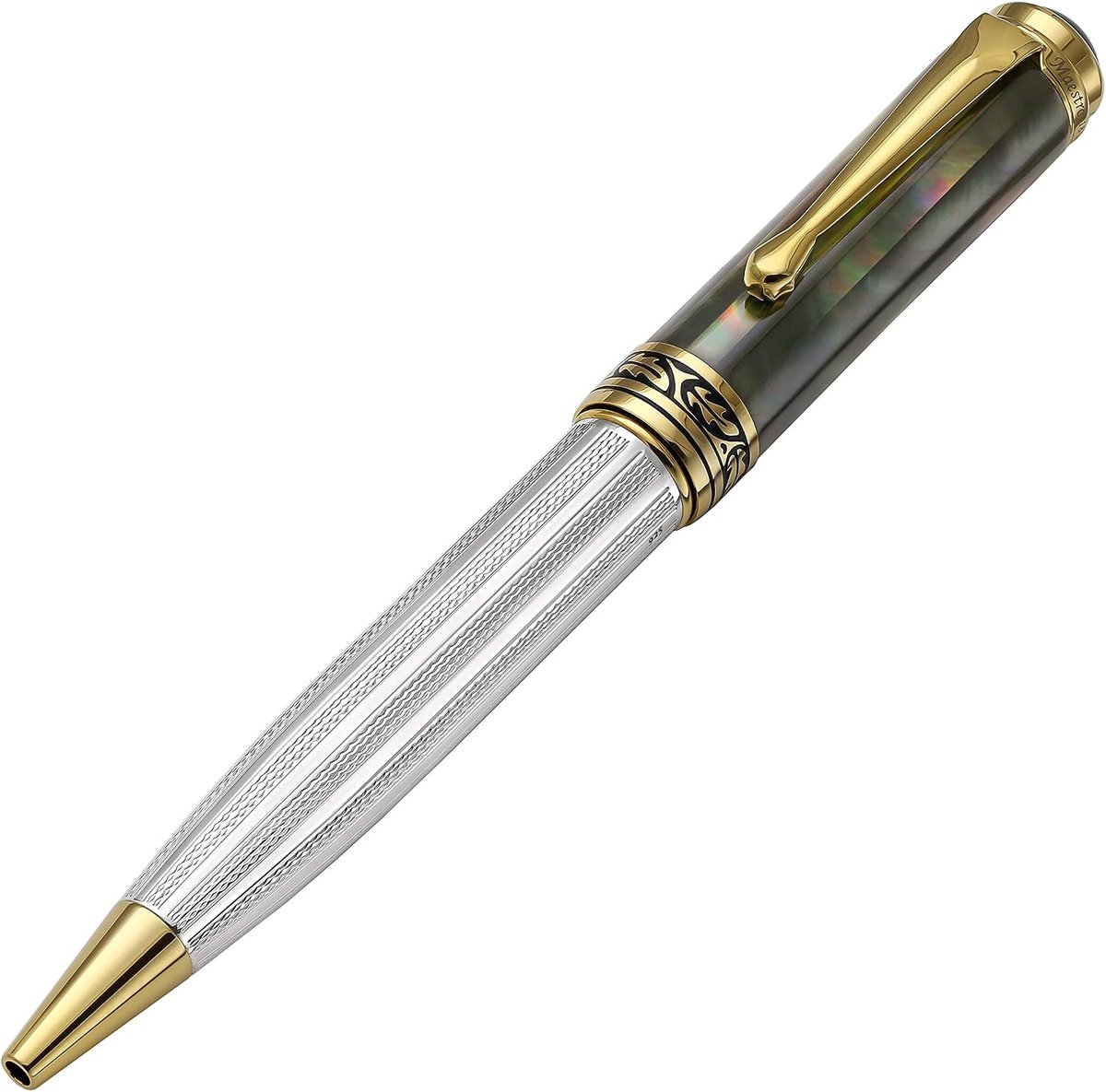 Balpen medium punt - 925 sterling zilver - zwart parelmoer inleg - luxe handgemaakt - ShopVlot
