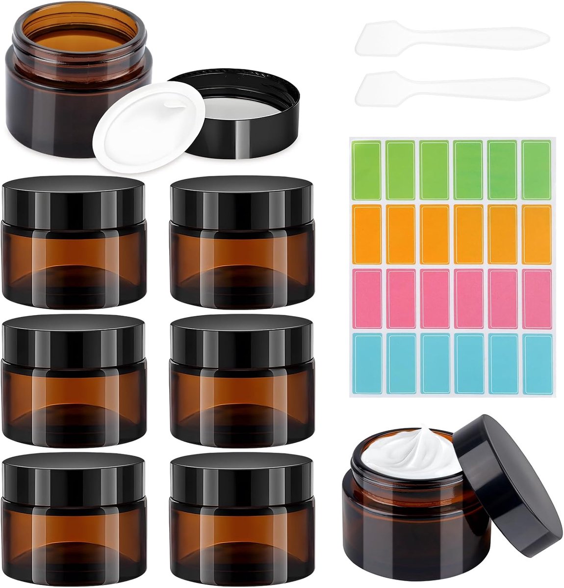 Glazen creme potjes 50 ml - amberkleurig - met deksel en spatels - voor lotions en oliën - ShopVlot