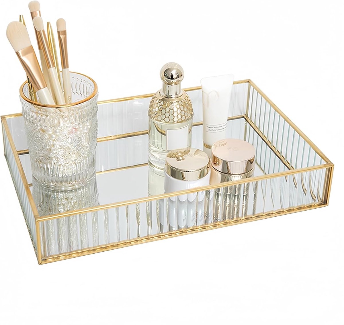 Cosmetic trays spiegel goud vintage - glazen bodem - met viltvoering - voor opmaak en opslag - ShopVlot