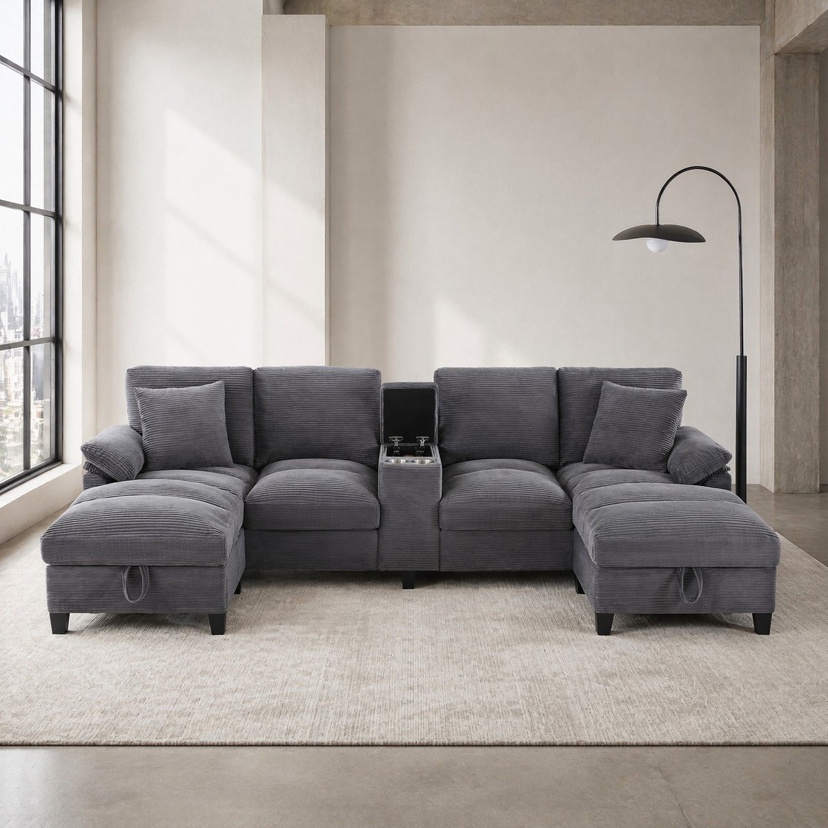 MEUNIQ U-bank 293 x 142 x 93 cm, 4-zits, met opbergruimte, 2 kussens, USB-aansluitingen en RVS bekerhouder, voor de woonkamer, grijs corduroy