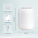 Humidificateur Auraonic blanc avec dimensions, 3 pastilles aromatiques, manuel et prise.