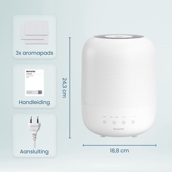 Humidificateur Auraonic blanc avec dimensions, 3 pastilles aromatiques, manuel et prise.