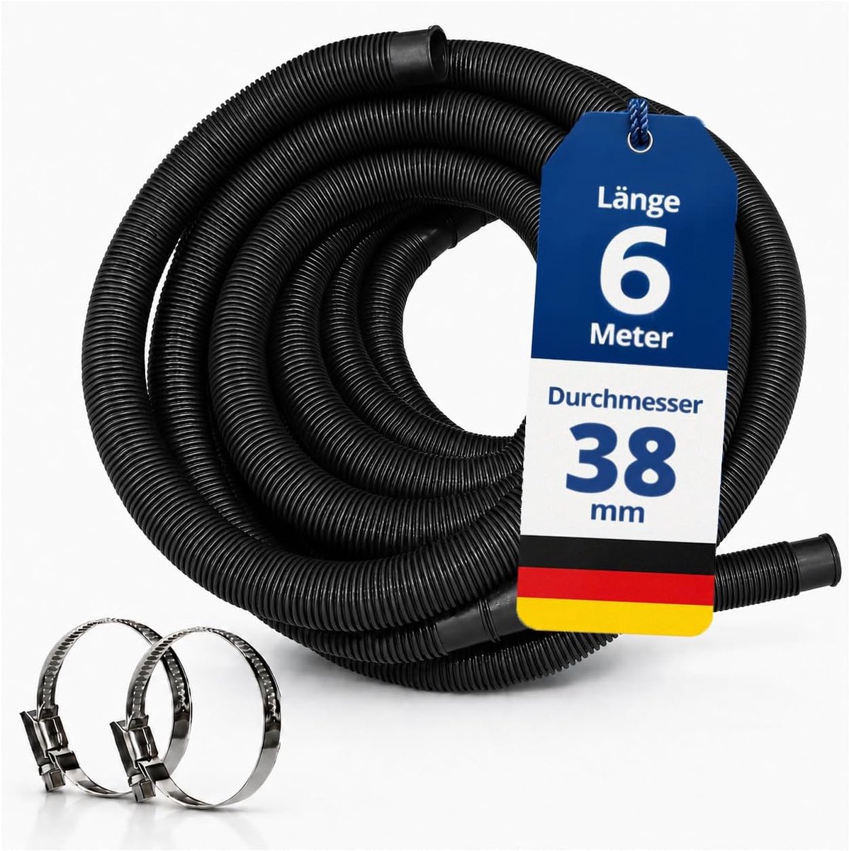 Zwembadslang 38 mm zwart - 6 m lengte - met RVS slangclips - geschikt voor zwembadaccessoires - ShopVlot