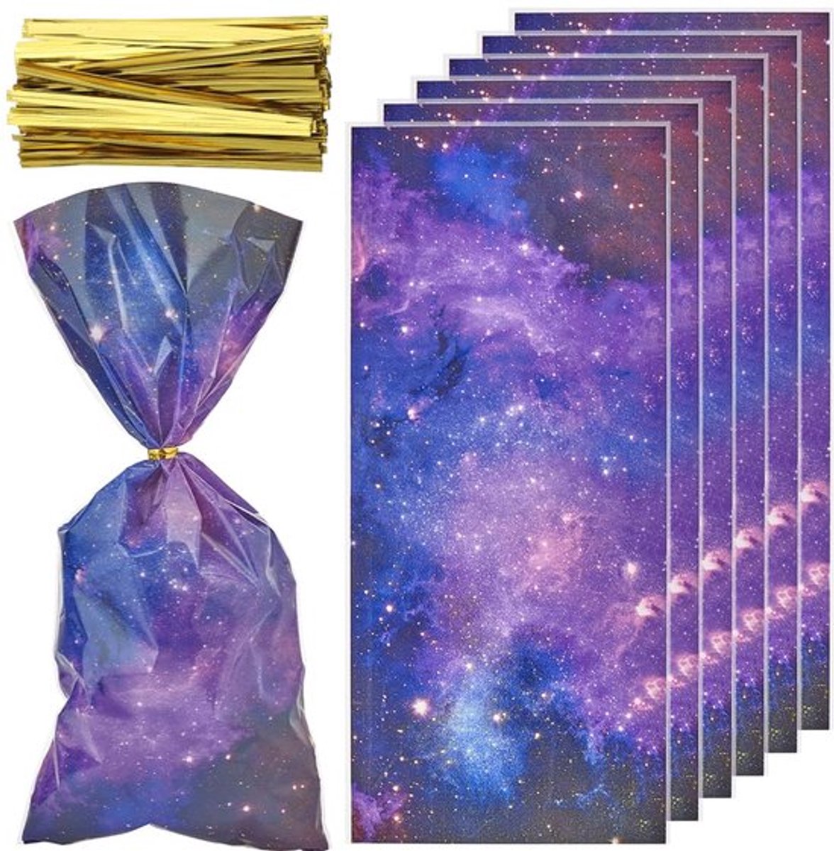 Galaxy Goodie Bag 100 Stuks - Plastic Cello Tassen met Twist Ties - 27.5 x 12.5 cm - Sterren en Planeet Patroon