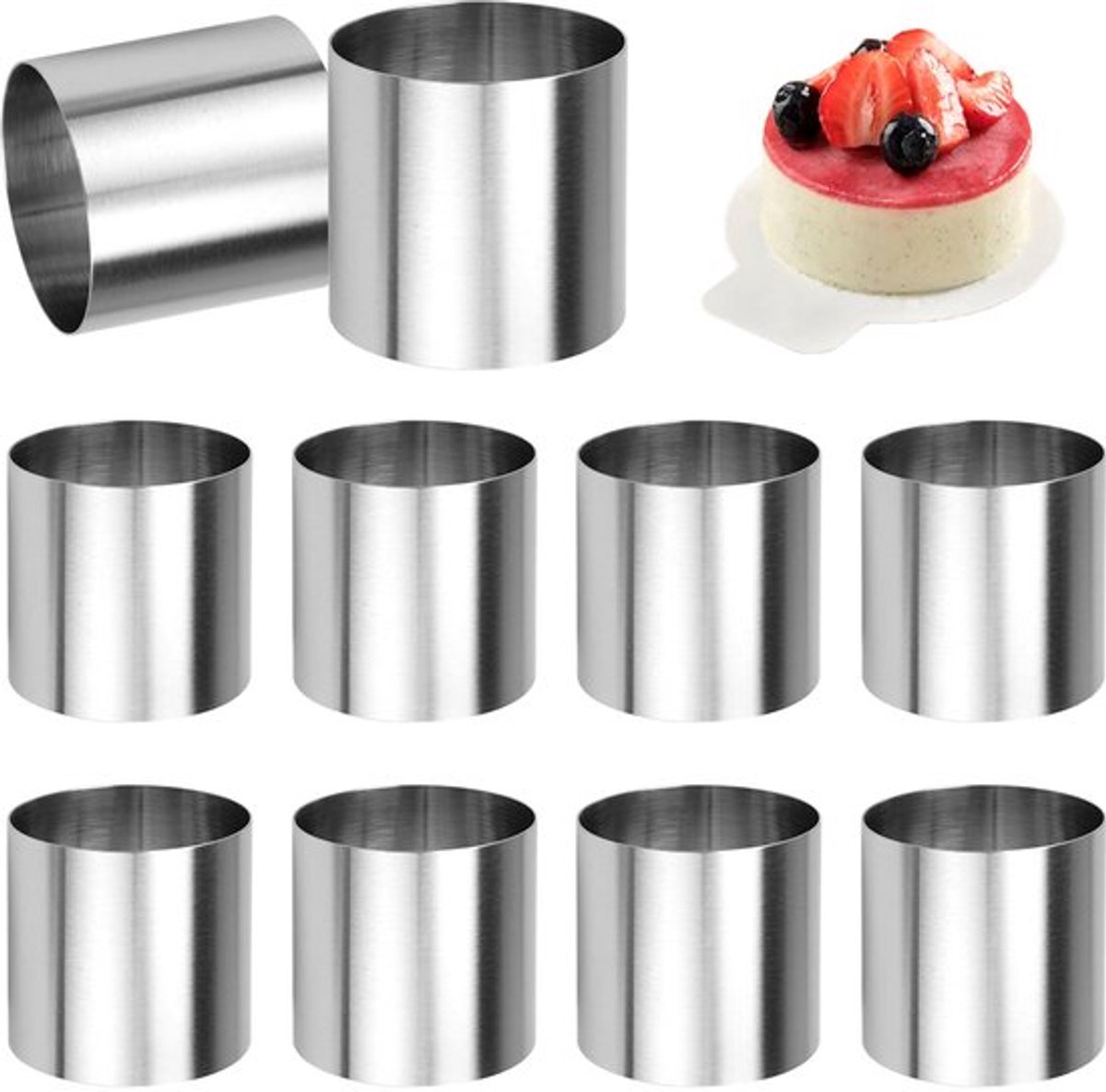 Verpakking van 10 Dessert Ringen en Diner Ringen, Diameter 5 cm, RVS Mousse Ringen, Gemakkelijk te Vormen Mini Taart Ringen, Kleine Bakringen voor Bakken, Mousse, Taart, Sushi, Pudding (Rond)
