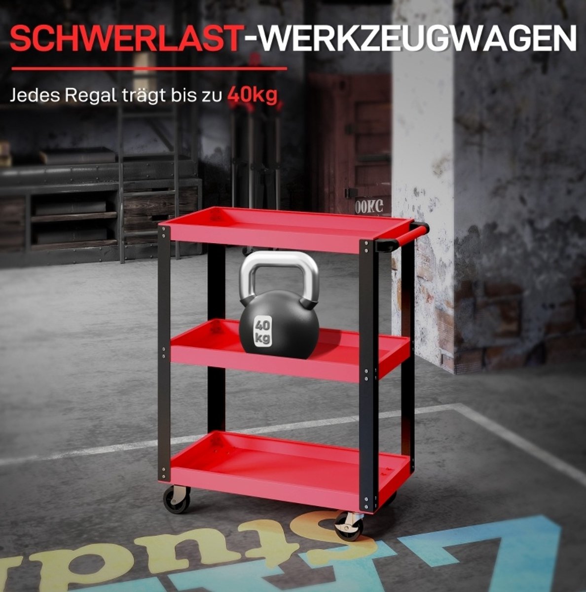 MIVRAY Gereedschapswagen – 3 Niveaus Met Metalen Frame En Handgreep – 70,5 X 35 X 82,5 Cm – Metaal – Rood – Voor Werkplaats En Garage