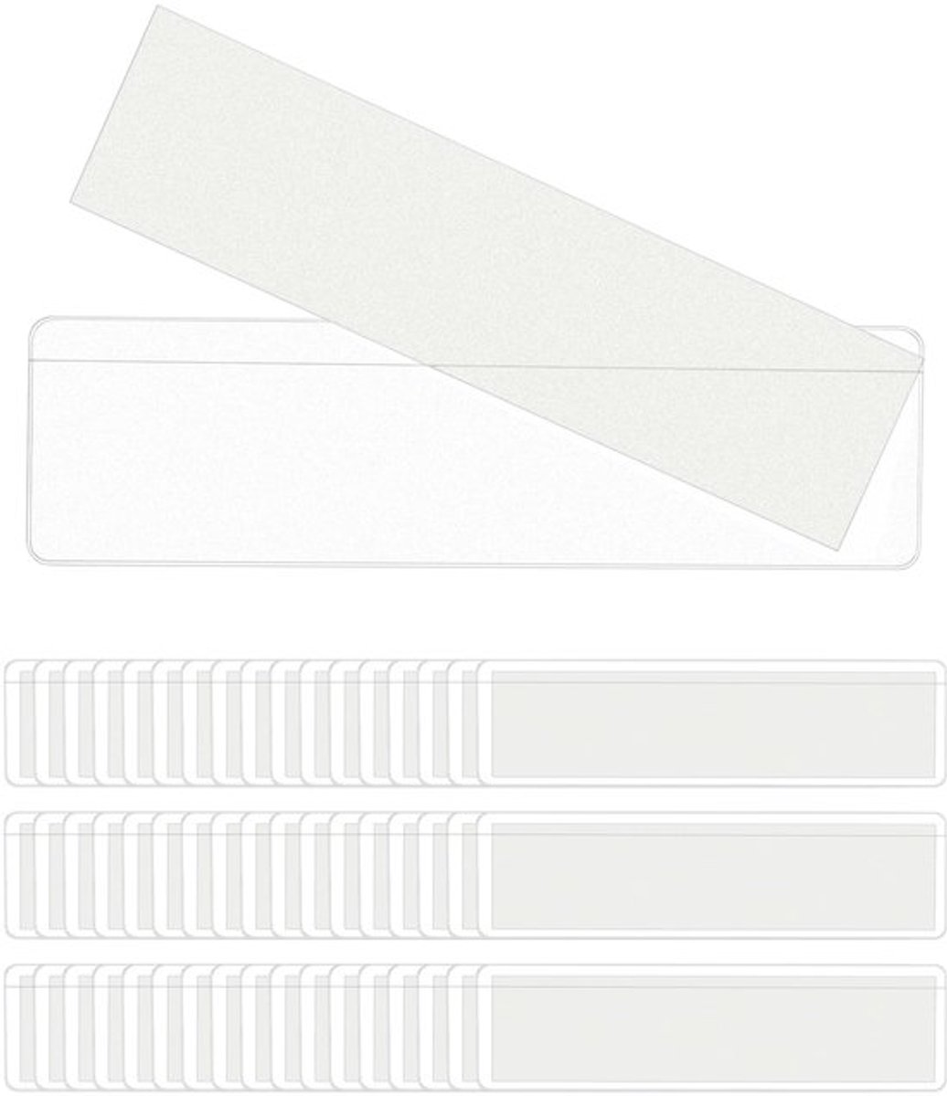 52-delige doorzichtige zelfklevende labelhouder met papieren inzetstukken, verwijderbaar en herbruikbaar, voor lade, plank, brievenbus, map en meer (11 x 3 cm)