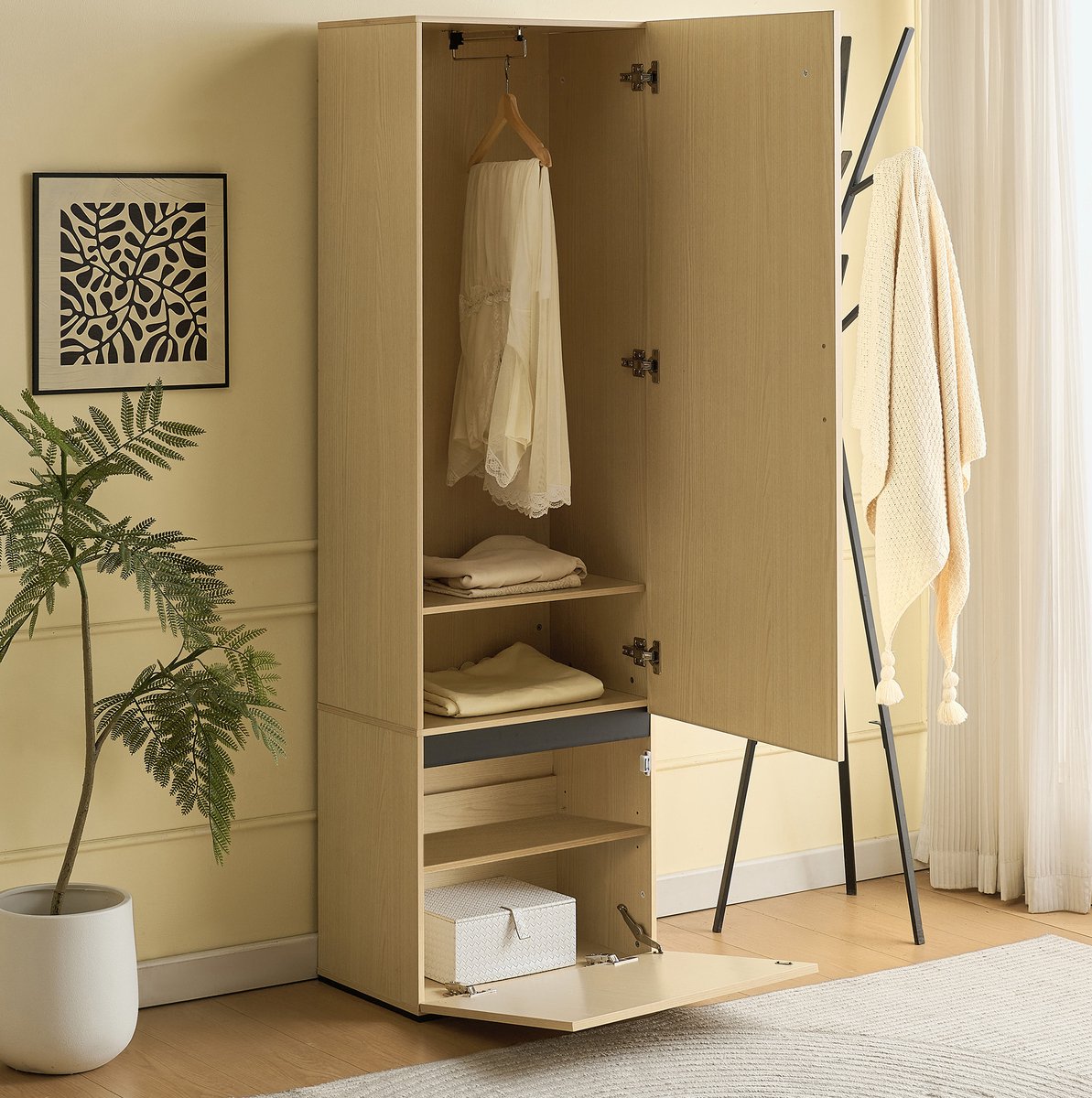 Garderobekast Met Spiegel En Uitziehbare Kledingstang - Voor Hal En Slaapkamer - MDF - Hout - 54x34,5x179,5 Cm