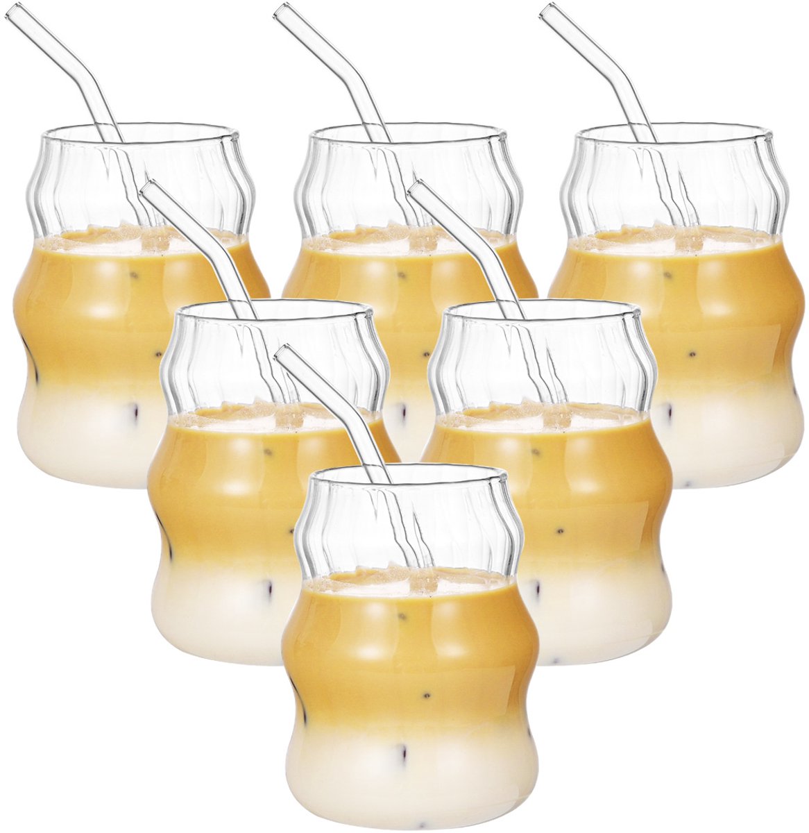 Glazen beker set 6st, 200ml, borosilicaatglas, met rietje, magnetronbestendig