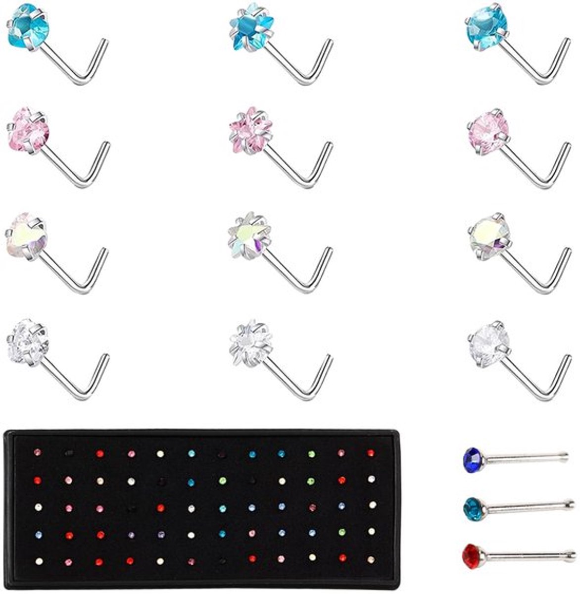 Narice Neuspiercingset van 72 L-vormige stervormige hartvormige kubieke zirkonia voor mannen en vrouwen, veelkleurig synthetisch, synthetisch