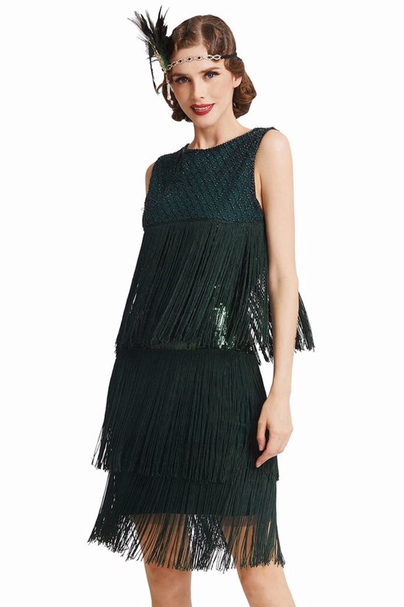 Charleston Jurk Dames Knie-lange Cocktailjurk 1920s Flapper Gatsby Kostuum Cocktailjurk Donkergroen XL, Donkergroen, XL