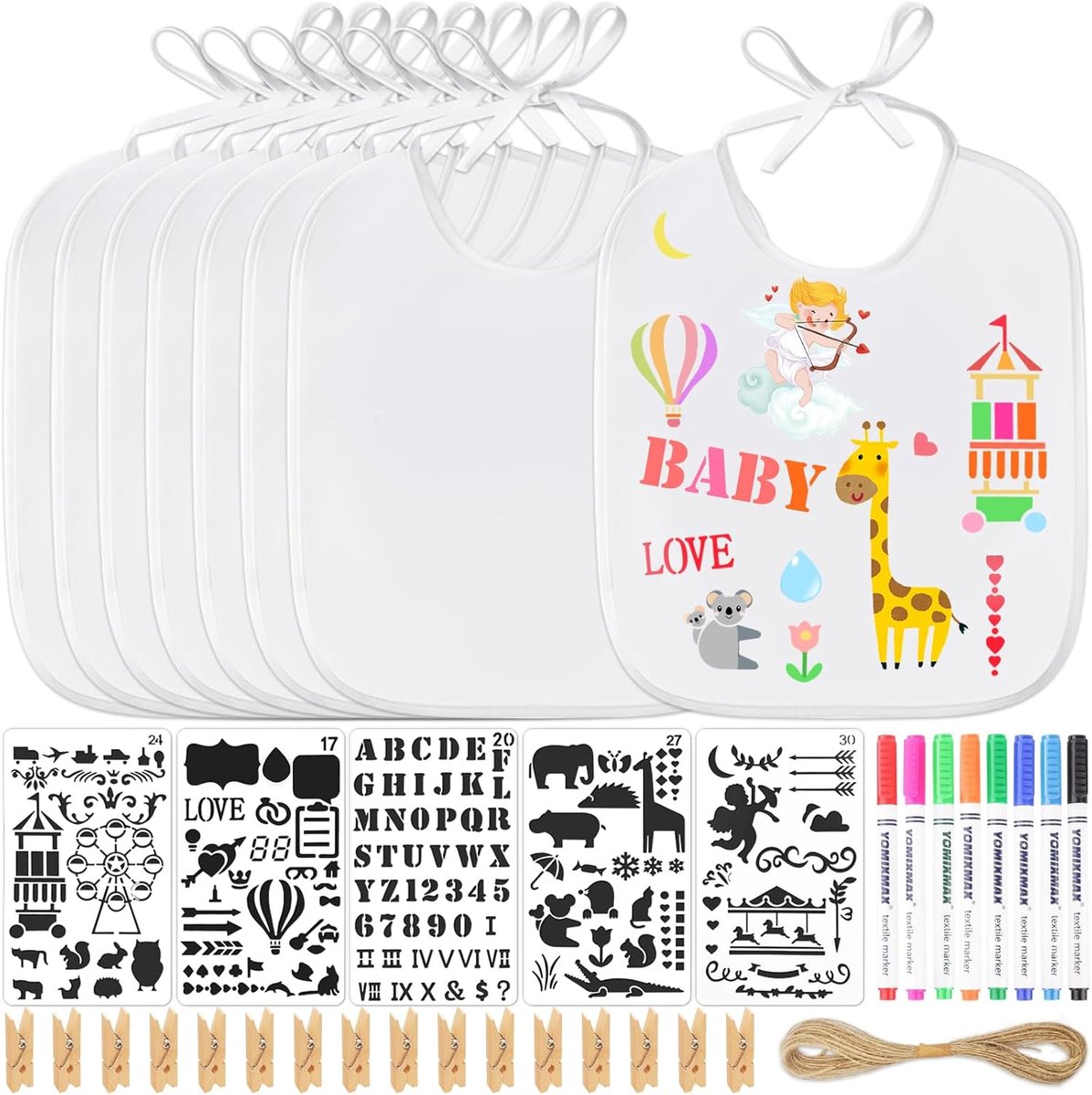 Baby slabbetjes voor schilderen - 8 stuks - Katoen met schilder templates - m-winkel