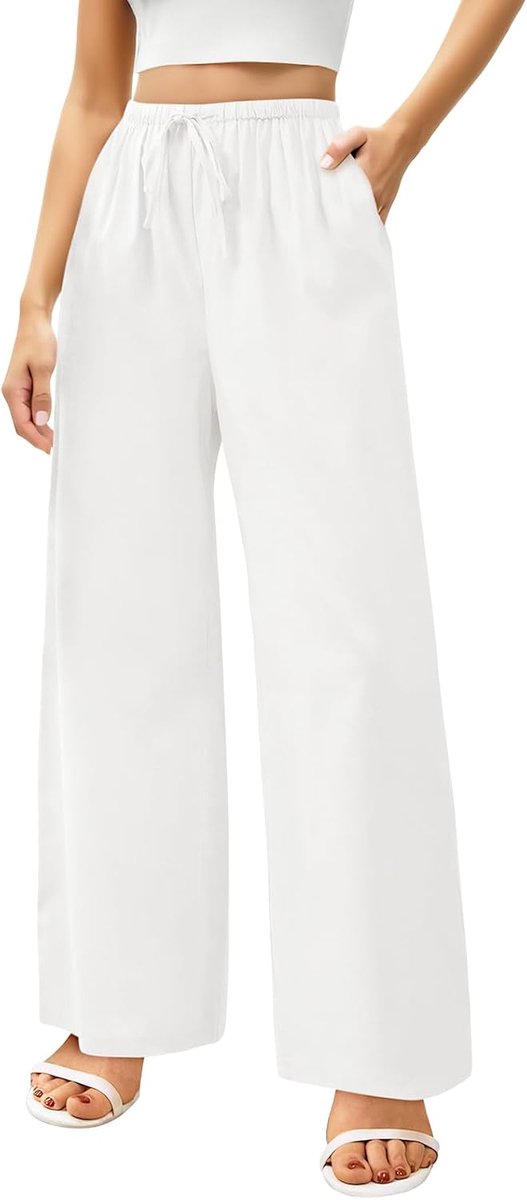 Zomerbroek Dames - Lange Linnen Hoge Taille - Elastische Brede Strandbroek met Zakken - Lichtgewicht en Comfortabel - SnelShoppen