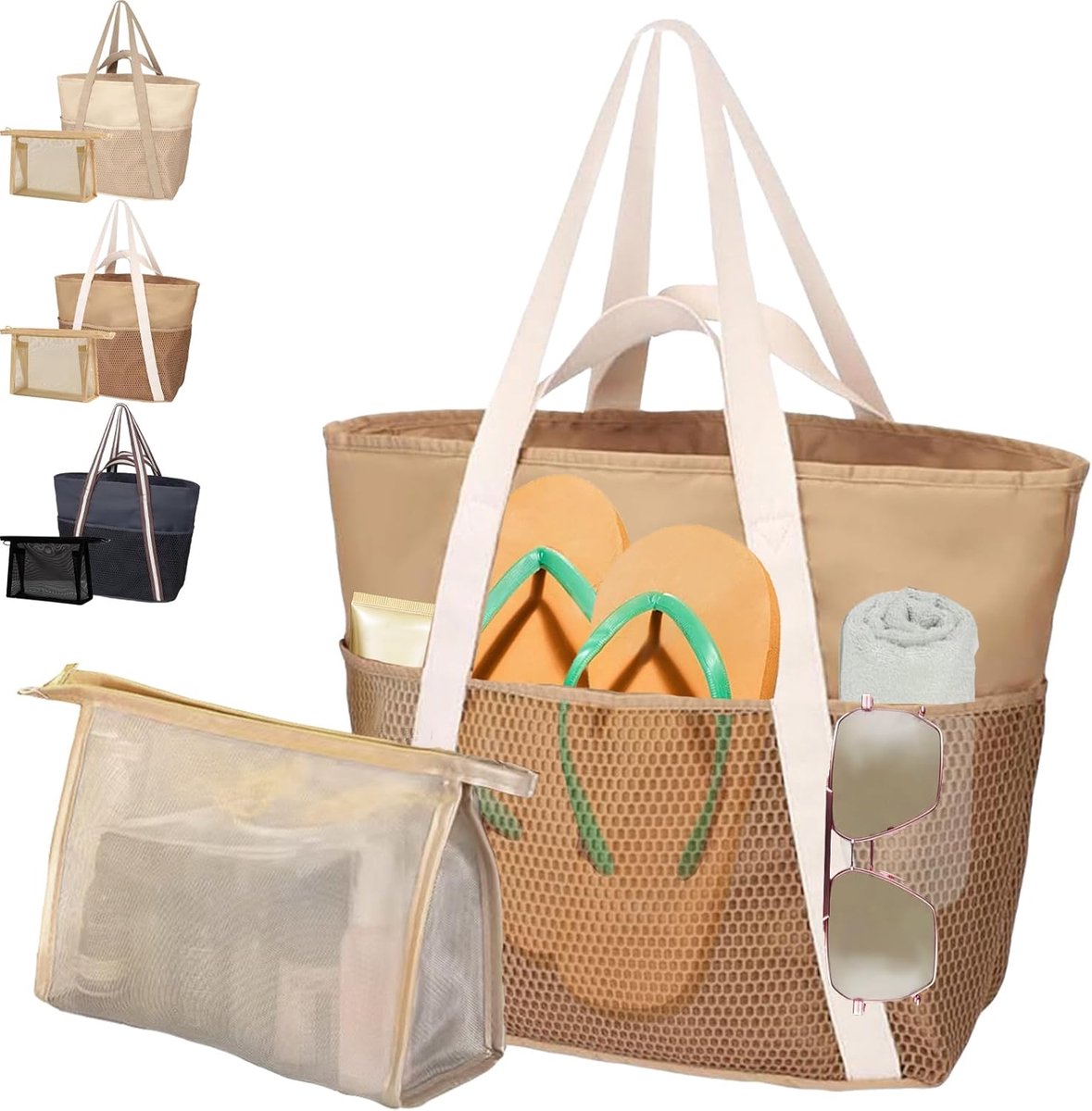 Mesh strandtas - grote familietas - met rits - ideaal voor vakantie - SnelShoppen