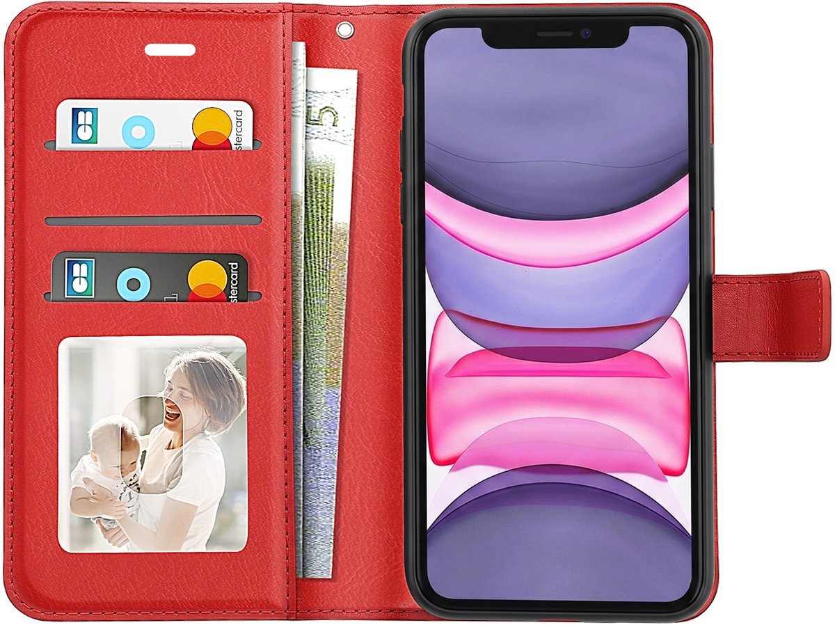 Mayaxess, Portemonnee Hoesje Geschikt voor Apple iPhone 11 met Polsbandje en Standaard, Rood