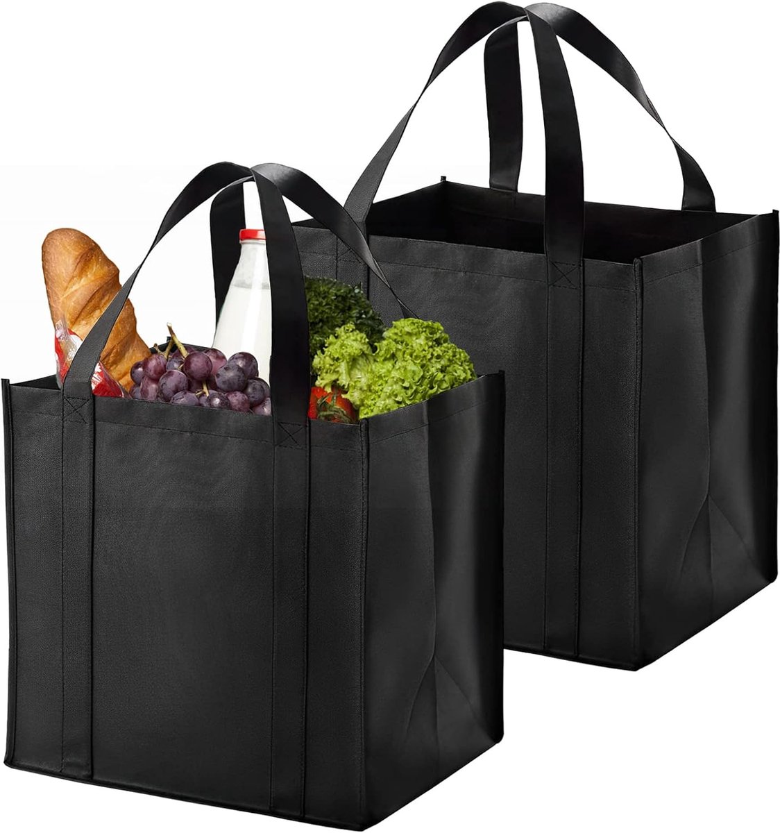 Herbruikbare zwarte boodschappentas set van 2 - 15x35x25cm - stevig en lichtgewicht - ideaal voor winkelen - SnelShoppen