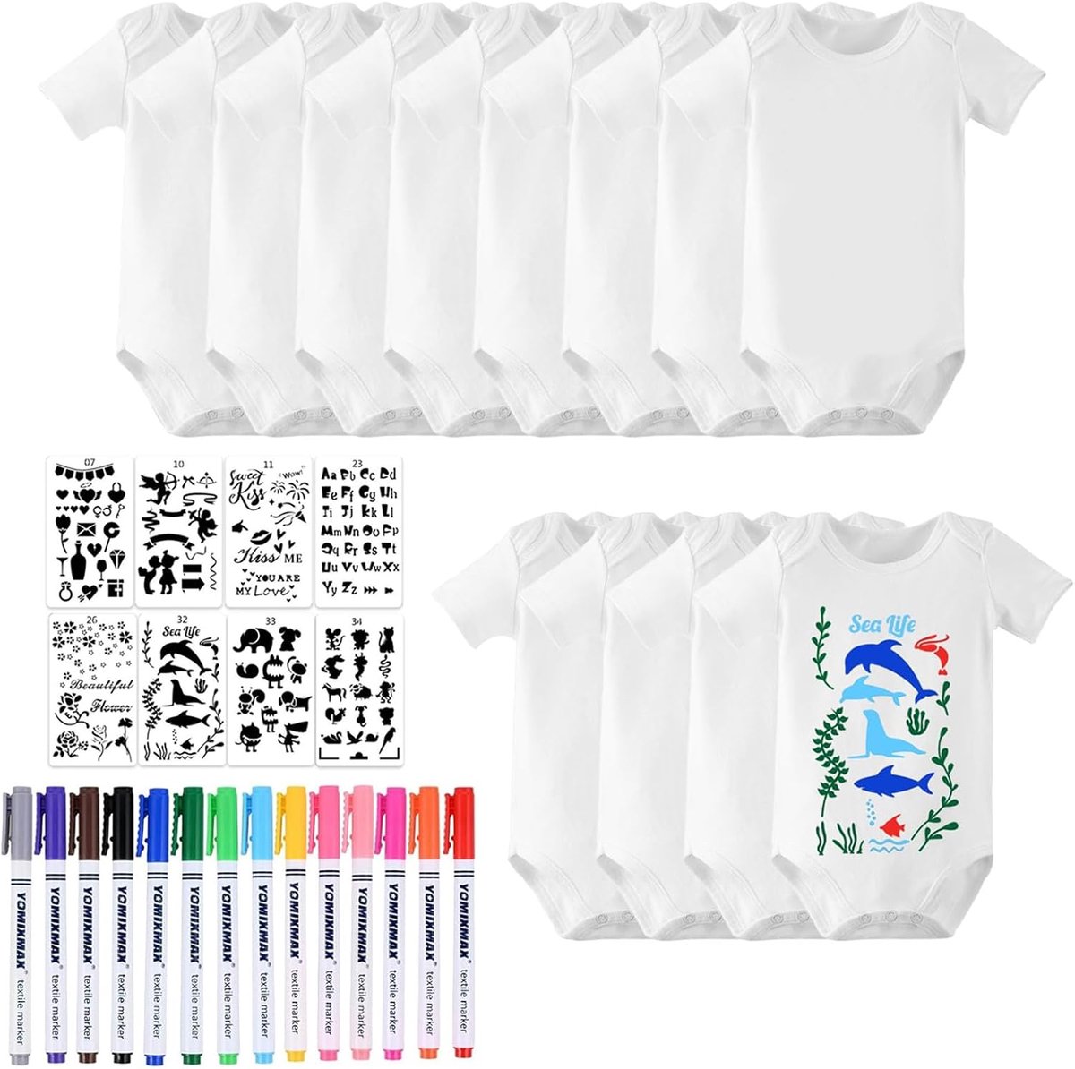 Korte Mouw Baby Rompers Set - 8 Korte Mouw Rompers - 14 Kleurrijke Textielstiften - Ideaal voor Babyborrels - SnelShoppen