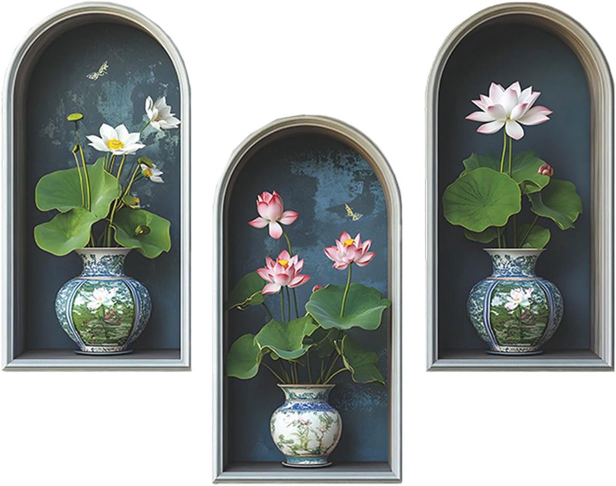Wandstickers 3D 21x39 cm - Lotus bloemen en planten - Zelfklevend ontwerp - Perfect voor woonkamer of kantoor - ShopVlot