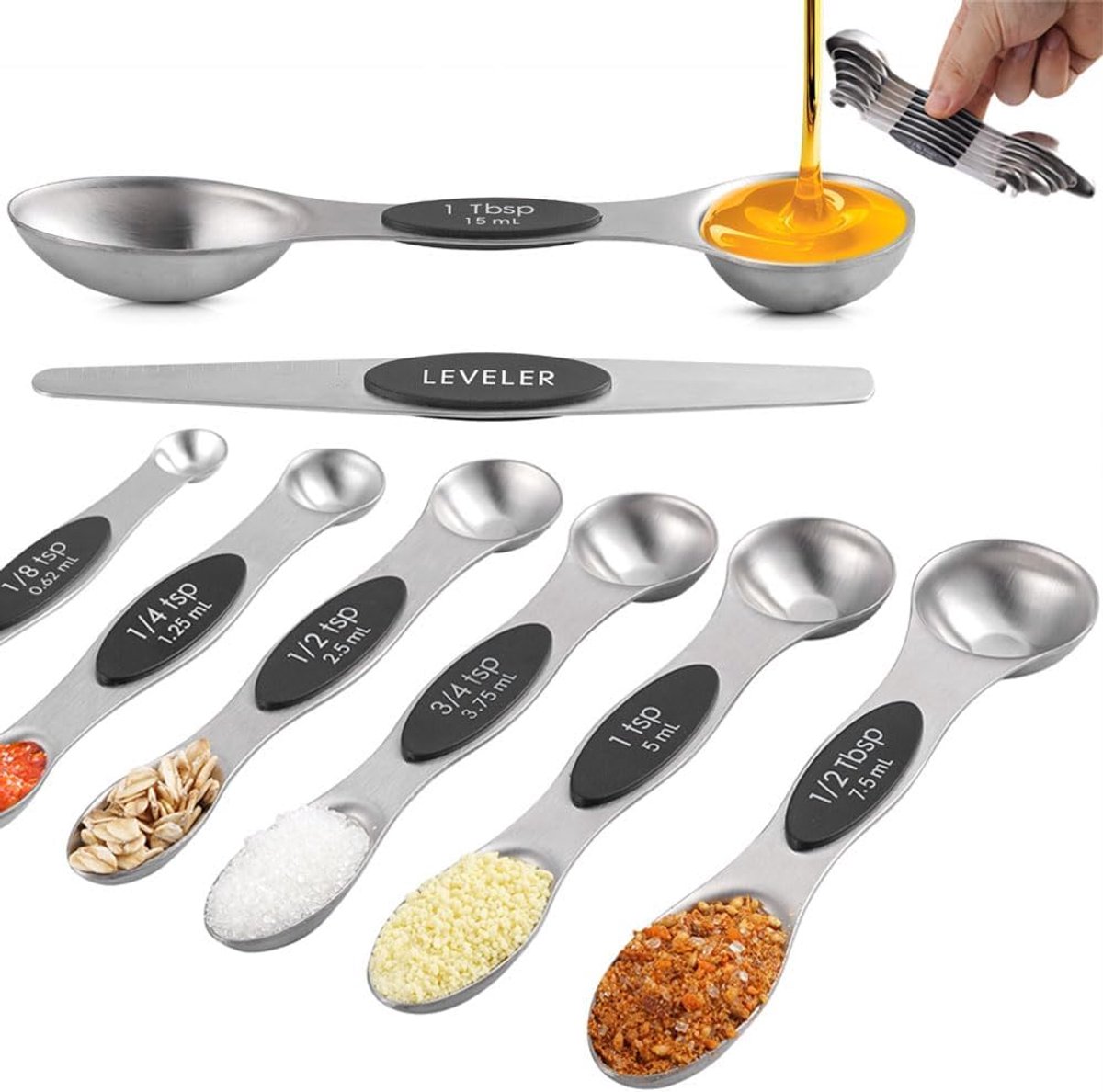 Magnetische meetlepels set van 8 - dubbelzijdig roestvrijstaal - stapelbaar met schaal - perfect voor kruidenpotten - ShopVlot