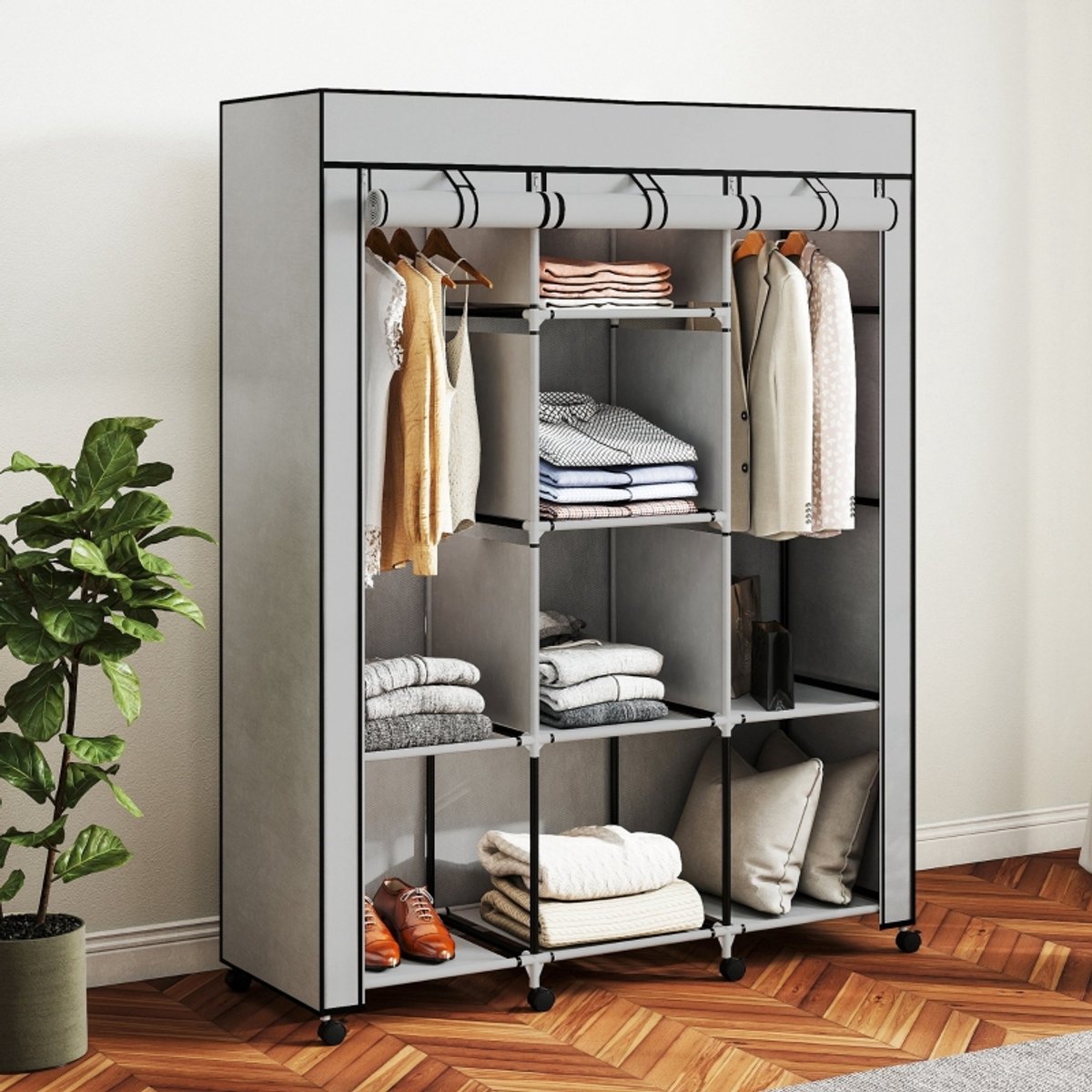 MODENUIT Kledingkast - Stoffen Opbergkast Met 2 Hangstangen En 8 Planken - Grijs - 125x43x162,5 Cm