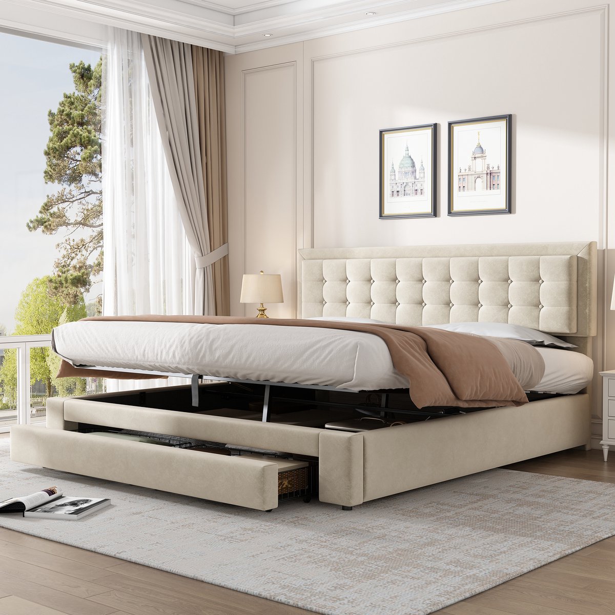 MIVRAY Bed 180x200cm Zonder Matras - Tweepersoonsbed Met Verstelbaar Hoofdeinde En Opbergruimte - Met Lades - Stof - Beige