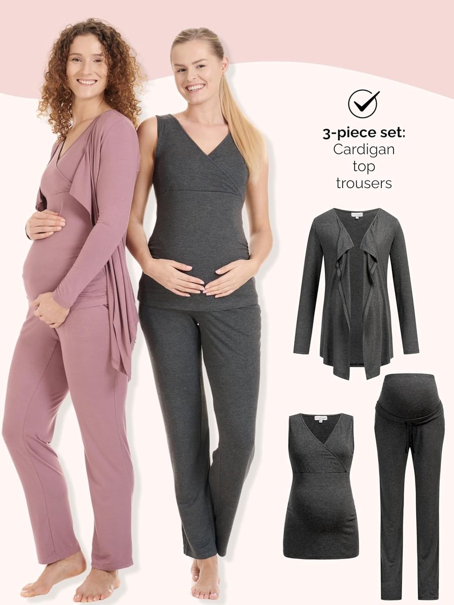 Zwangerschaps Pyjama Set voor Dames - Driedelige Pyjama's voor Borstvoeding - Zwangerschap - Wellness Set – Huis pak voor Zwangerschap en Borstvoeding - Broek - Top - Vest - 8100