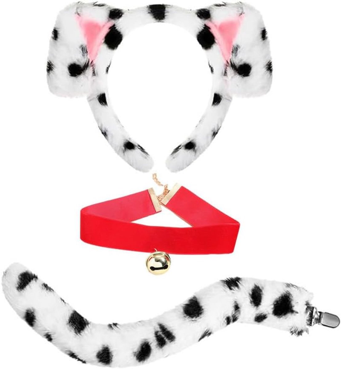 3-delige Dalmatiër hondenkostuumset voor volwassenen: hondenoren, hoofdband, staart, fluwelen halsband, Halloween, carnaval, feest, cosplay