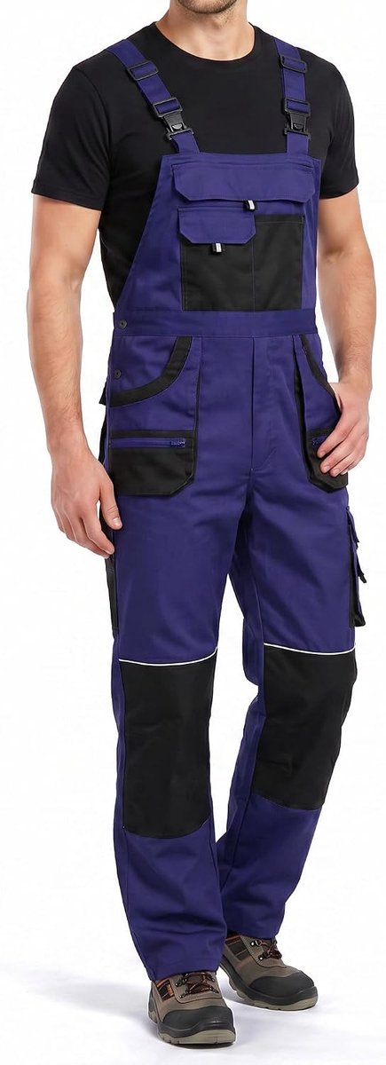 EM Werkbroek voor heren, tuinbroek met verstelbare bandjes, versterkte knieën, meerdere zakken, waaronder cargo en achter, 600D Oxford-stof, zak voor kniebeschermers