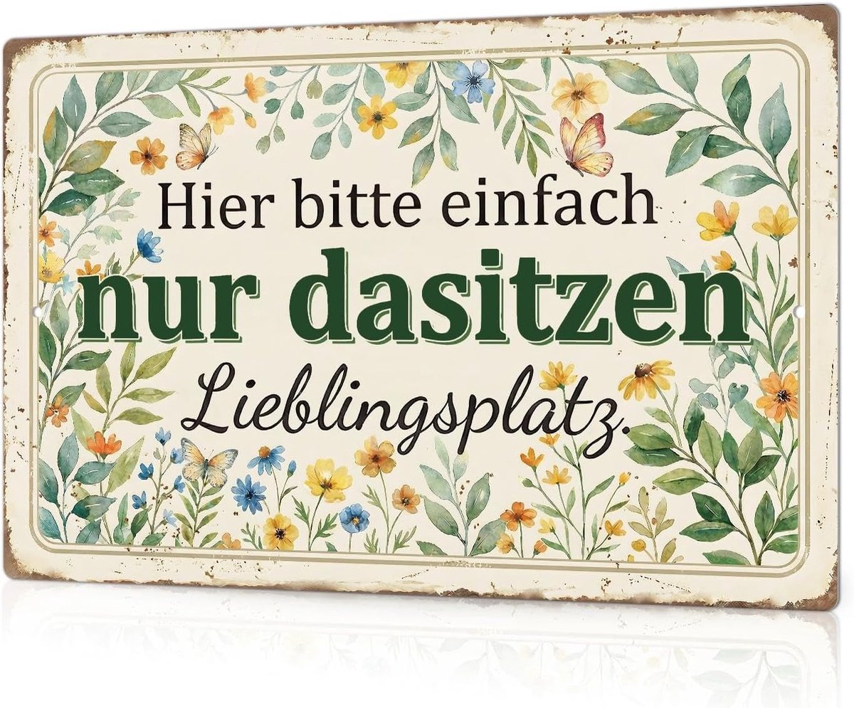 Decor Hier Bitte einfach nur dasitzen Lieblingsplatz Vintage metalen wandbord, retro bloemen vlindermotief, voor tuin, terras, woonkamer, decoratie, beige groen, 20x30cm