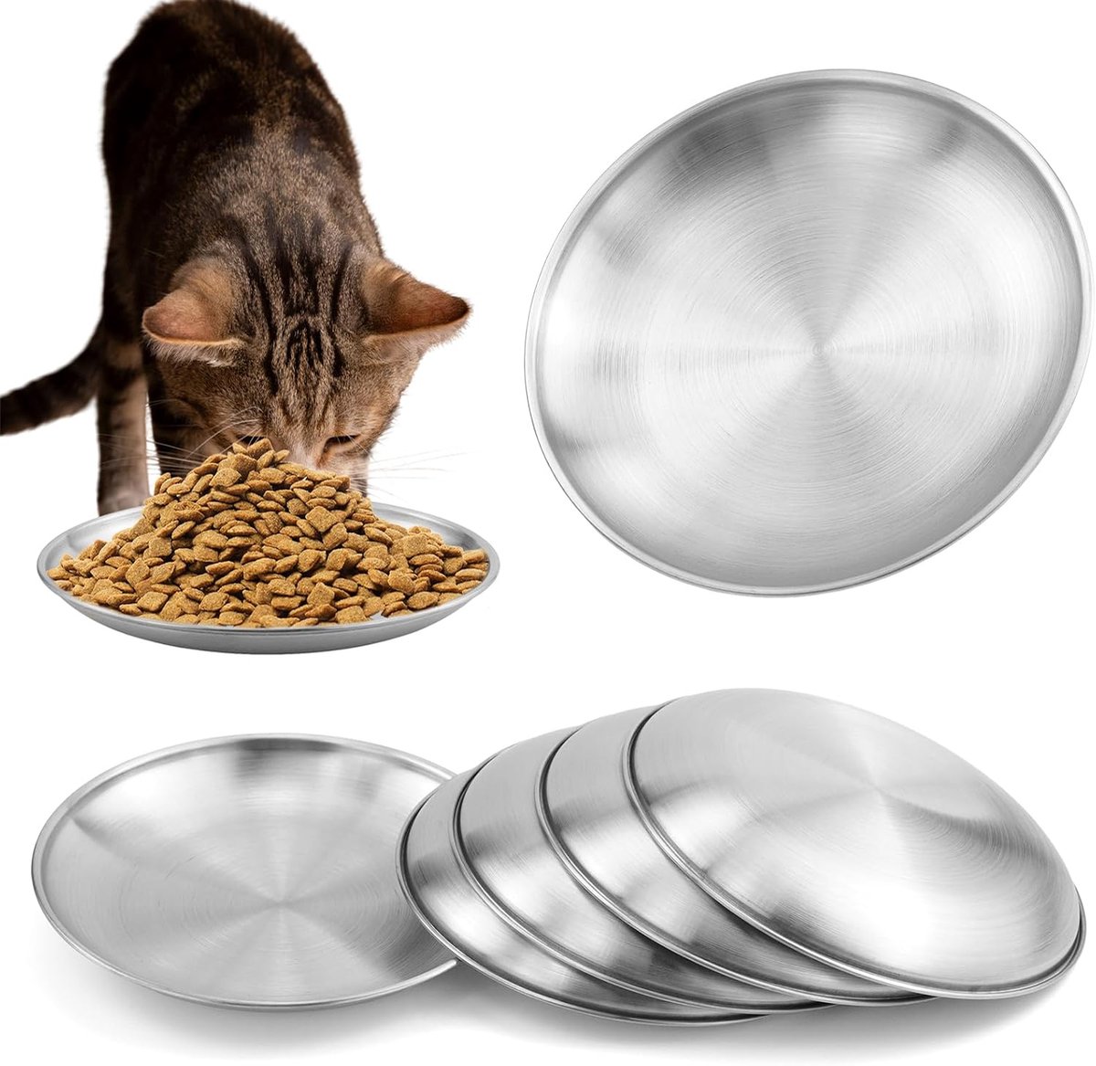 6 stuks roestvrijstalen voederbakken voor katten, plat, 14 cm, platte kattenborden met gevoelig snorhaar, gemakkelijk te reinigen, kattenborden, kattenvoerbak, plat, valbestendig, voor voer, water
