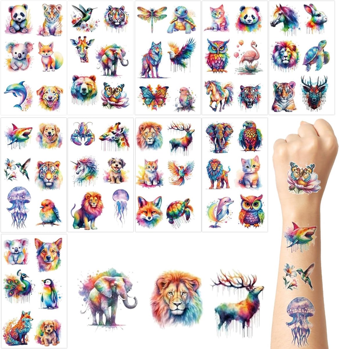 Tijdelijke Tatoeages voor Kinderen, Aquarel Dieren Thema, Plaktattoos voor Jongens en Meisjes, Waterdichte Nep Tatoeages voor Verjaardagsfeestje Cadeau