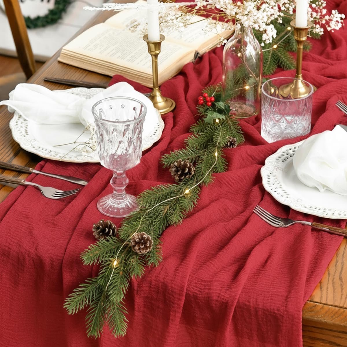 Mode Boho rood gaas bruiloft kaasdoek 80x400 cm tafelloper seizoensgebonden stof keuken eetkamer vakantie tafel decor voor thuisfeest binnen