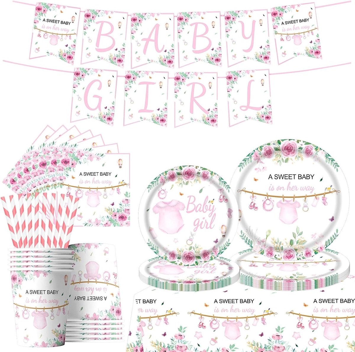 Partyserviesset, verjaardagsdecoratie, kinderverjaardag, servies, feestdecoratie voor jongens en meisjes (doop meisjes)