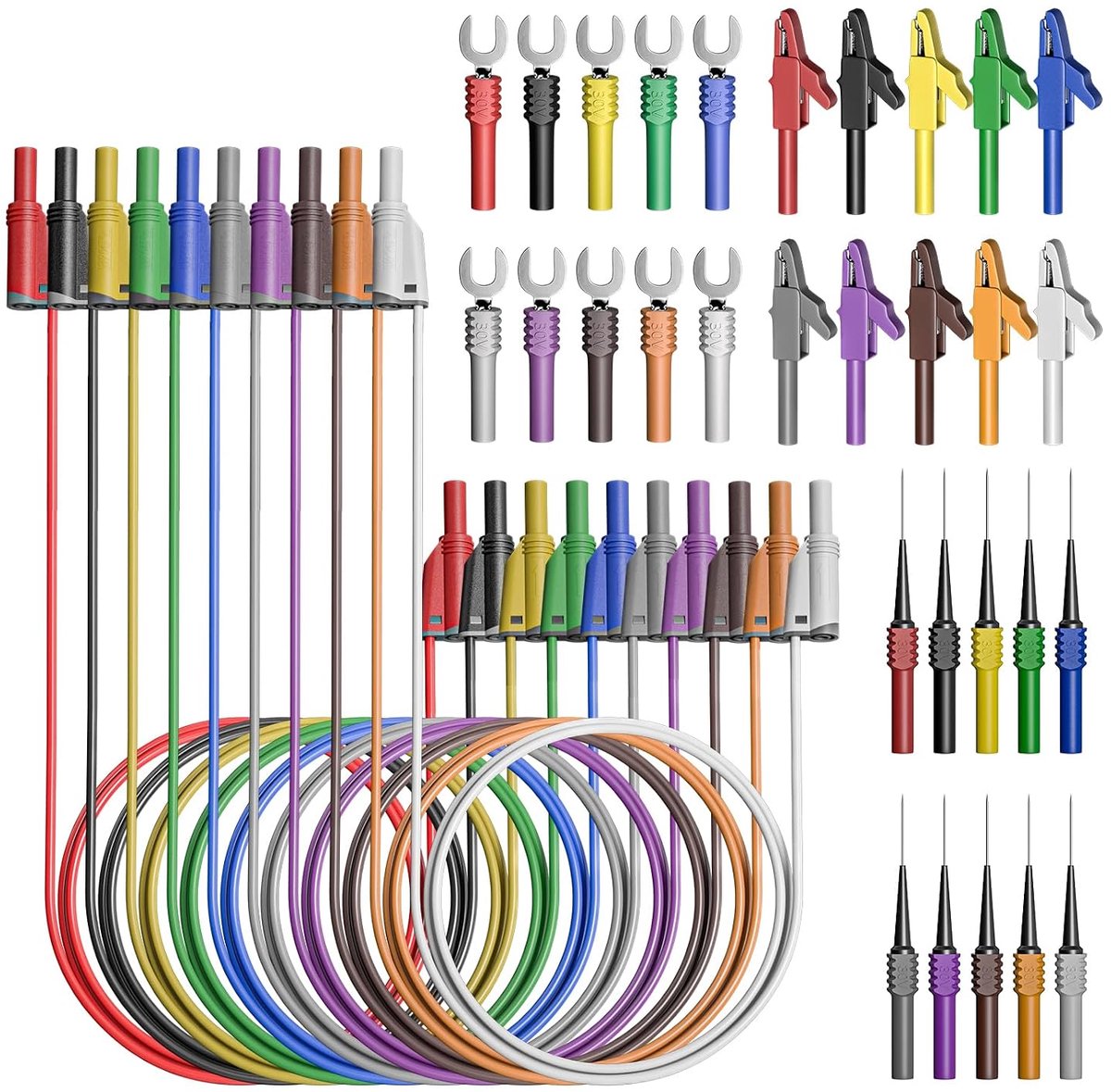 Siliconen meetleidingen, kit, 4 mm, volledig geïsoleerd, veiligheid ommanteld, stapelbaar, banaanstekker met alligator, krokodillenklemmen, test, vork, terugsteek, steekpinnen