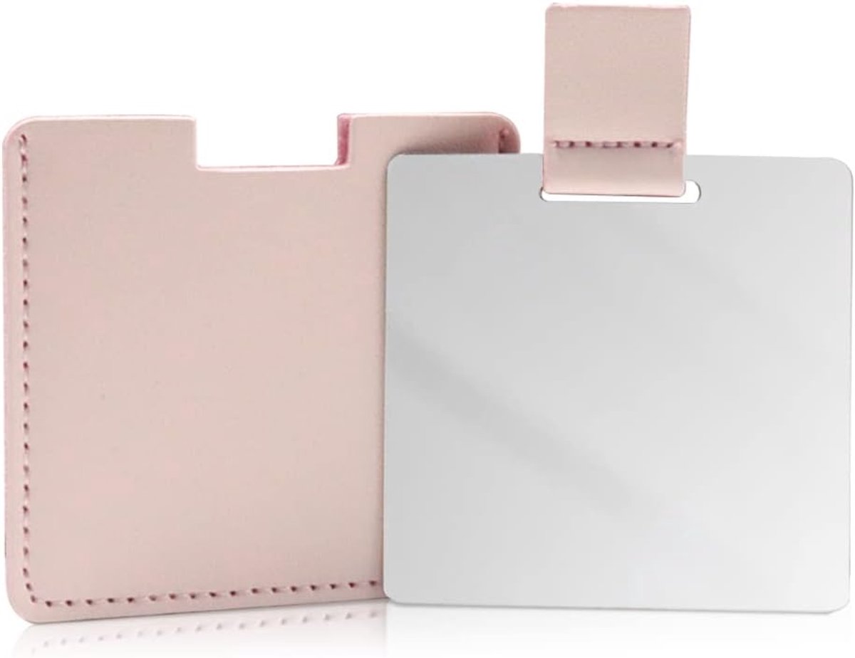 Roestvrijstalen compacte spiegel voor portemonnees, onbreekbare spiegel reizen met PU-lederen hoes, handheld kampeerscheerspiegel voor dames en heren, make-up, cadeau (roze)
