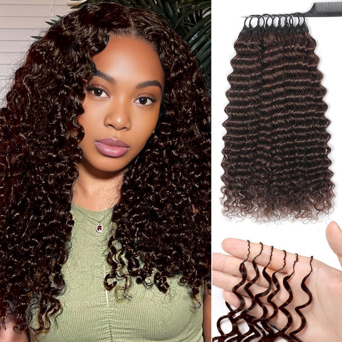 Feather Crochet Human Hair Bundles for Black Women 18 Zoll Deep Wave Brown Human Hair Crochet 200g 160Pcs Wet and Wavy Invisible Knotless Curly Braun Echthaar Haarverlängerungen