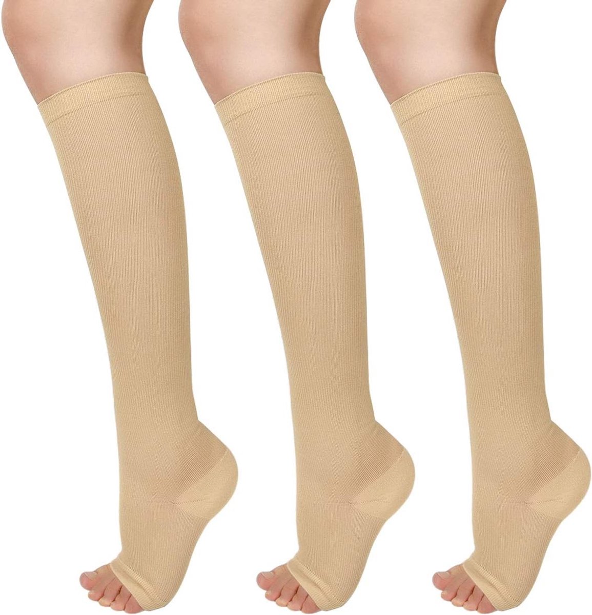 3 paar compressiekousen voor dames en heren, medische kniekousen zonder teen, beige, trombosekousen, steunkousen voor gegradueerde spataderen, bloedcirculatie