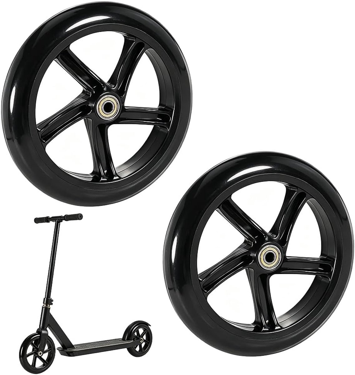 Reservewielen voor scooter, 2 stuks, 200 mm, wielen voor step met ABEC-9 kogellagers, stuntstep-wielen voor stuntsteps, de meeste zwart