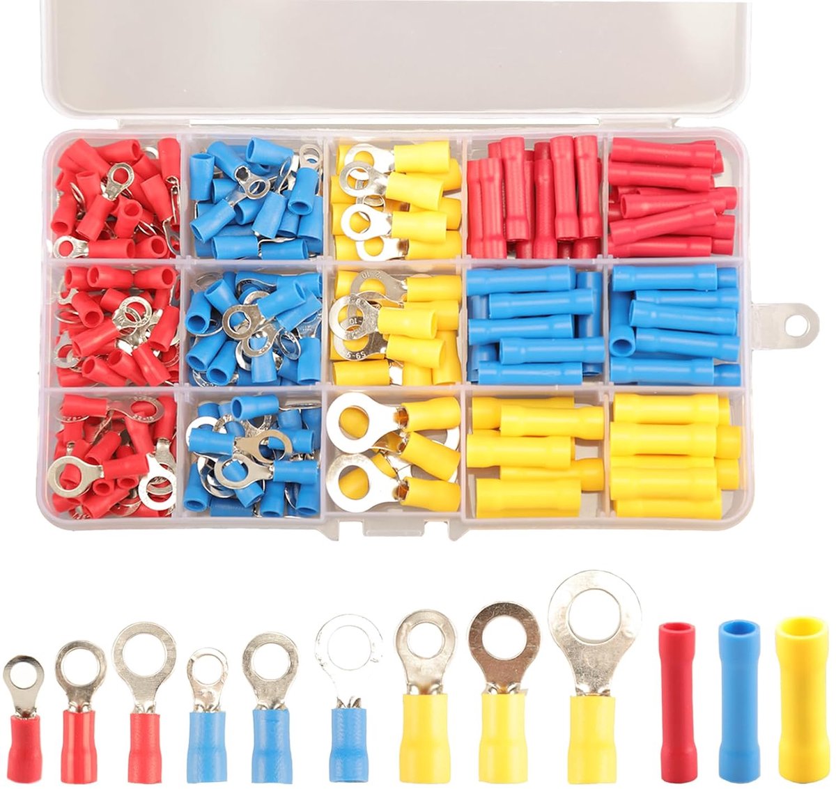 258pcs Ringkabelschoenen Stootconnectoren, 12 Soorten Krimpconnectoren Elektrische Terminals, Geïsoleerde Krimpterminals Elektrische Draad Kabelconnectoren, Ring Butt Terminals Ringconnectoren